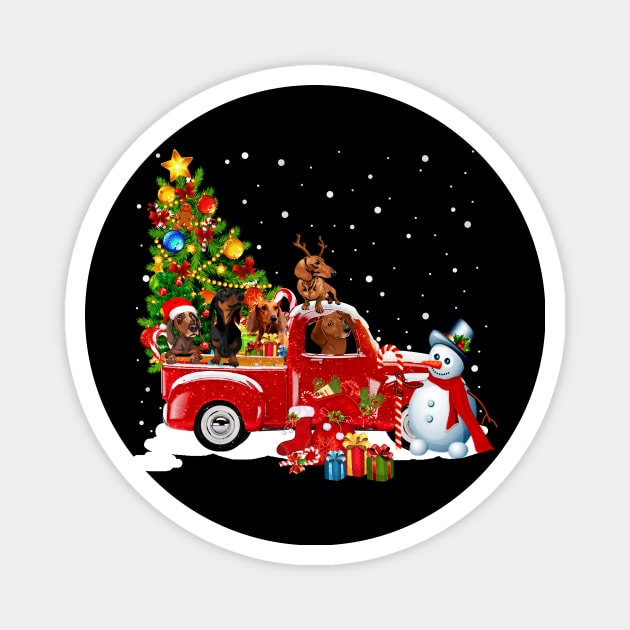 Red Truck Merry Christmas Tree Dachshund Dog Christmas T-Shirt Magnet by kimmygoderteart